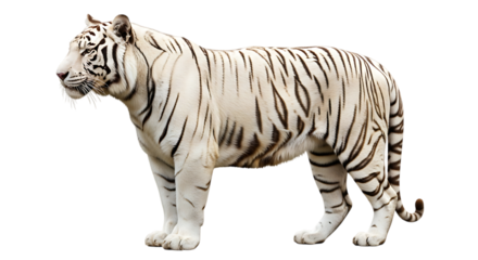 Majestic white tiger with dark stripes standing profile view isolated on a transparent background big cat