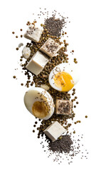 Eggs, tofu, and lentils on black background, top view, vertical shot