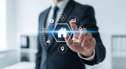 Professional businessman selects real estate investment options on futuristic digital interface, planning future growth and financial success.