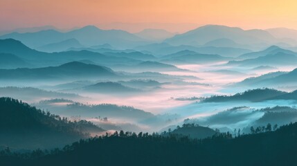 Obraz premium Serene Mountain Landscape at Dawn with Layers of Fog and Soft Pastel Skies Above Rolling Hills and Dense Forests Creating a Tranquil Atmosphere