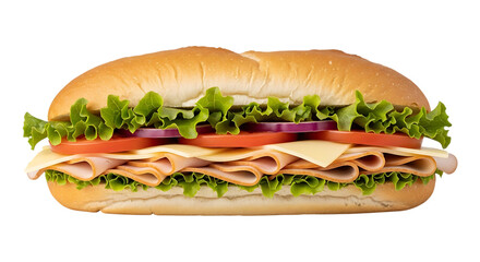 Long sandwich with turkey ham cheese lettuce tomato and red onion slices isolated on a transparent background