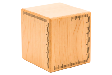Wooden block cube with engraved ruler measurement markings isolated on a transparent background
