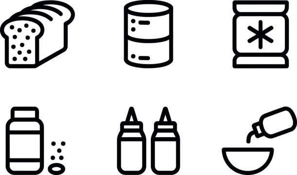 Set of six line art icons food ingredients bread cans seasonings sauces and bowl with liquid vector