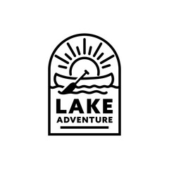 Minimal line art logo of a canoe on water with rising sun and paddle, representing outdoor lake adventure or travel brand design.
