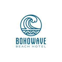 Elegant circular wave emblem with tribal pattern and modern typography, representing a beach hotel or tropical coastal resort branding design.
