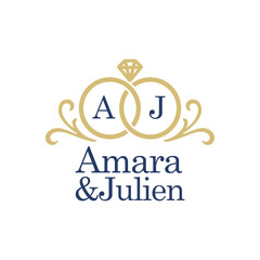 Luxurious wedding monogram logo featuring two intertwined rings with initials and diamond accent, symbolizing love, unity, and timeless elegance for marriage branding.

