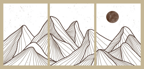 Minimalist Mountain line art texture on set. Abstract mountain landscapes backgrounds. mountain, hills and desert. use for wall art prints, poster Art Decoration, banner