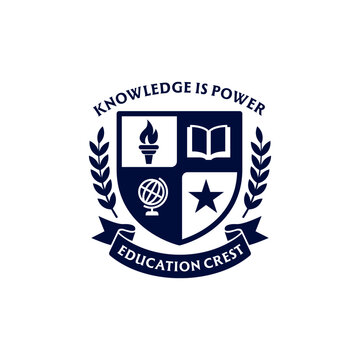 Elegant academic crest logo featuring a shield with book, torch, globe, and star icons, symbolizing knowledge and education excellence for schools or universities.
