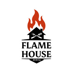 Creative barbecue logo showing a house silhouette with fire and crossed grill tools, symbolizing flame-cooked food and warm dining atmosphere for BBQ restaurants.
