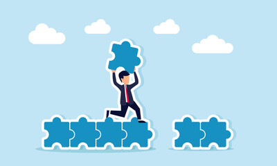 Businessman running on puzzle pieces carrying missing piece illustration of improving business system