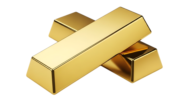 Two polished gold bars stacked in a cross shape with a dark background isolated on a transparent background - Powered by Adobe