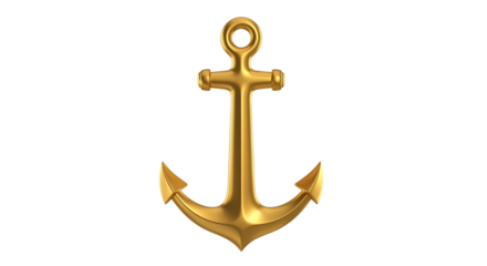 Shiny golden nautical anchor with a loop and flukes isolated on a transparent background maritime