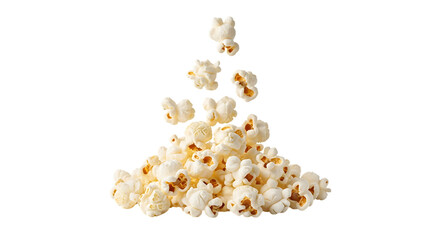 Pile of fluffy white popcorn kernels falling and scattered isolated on a transparent background snack