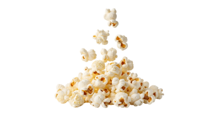 Pile of fluffy white popcorn kernels falling and scattered isolated on a transparent background snack