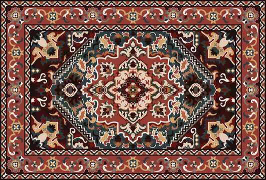 Arabian carpet with decorative elements. Persian carpet. Colorful decorative vector pattern for rugs, tapi carpets, yoga mats. Geometric ethnic clip art.