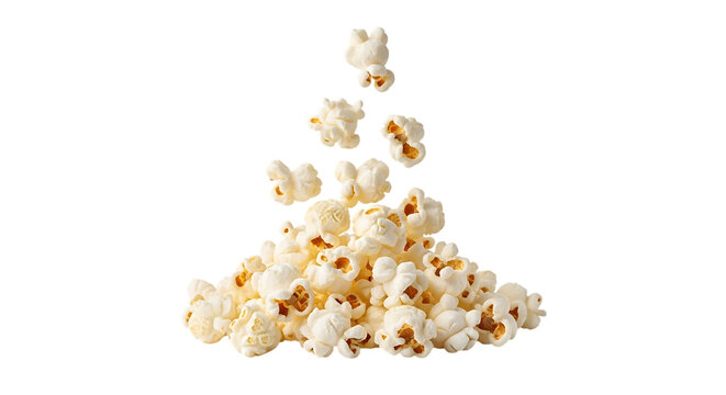 Pile of fluffy white popcorn kernels falling and scattered isolated on a transparent background snack