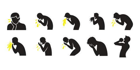 Collection of silhouettes showing various stages and actions of vomiting