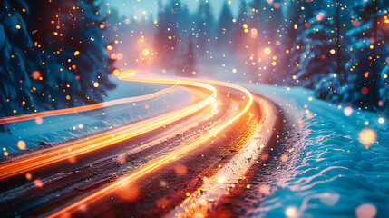 Magical winter forest road illuminated by glowing light trails and bokeh effects