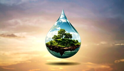 Floating island with green trees and vibrant landscape suspended inside a giant water droplet, creative concept image symbolizing nature conservation, environment, water scarcity, and purity