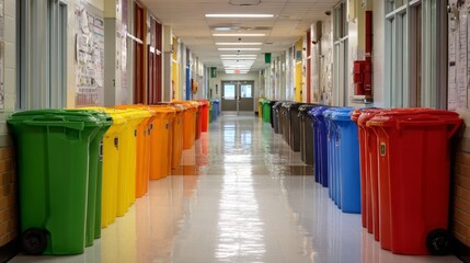 Colorful Recycling Bins Lined Up in a Bright School Hallway for Waste Management and Environmental Awareness Initiatives in Educational Settings