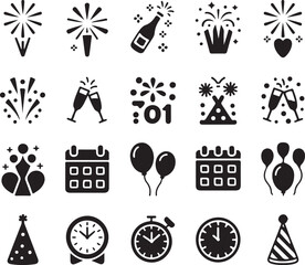 New Year Party Silhouette Vector Bundle | Celebration Icons | Fireworks, Champagne, Clock Vector