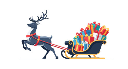 A reindeer pulling a sleigh full of colorful Christmas presents.