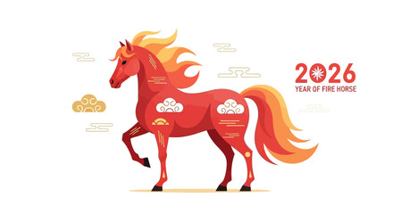 A vibrant illustration of a red horse with a fiery mane and tail, symbolizing the Year of the Fire Horse in 2026, adorned with traditional Chinese cloud motifs.
