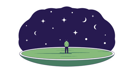 A lone figure stands on a small patch of grass, gazing up at a vast night sky filled with stars and moons.