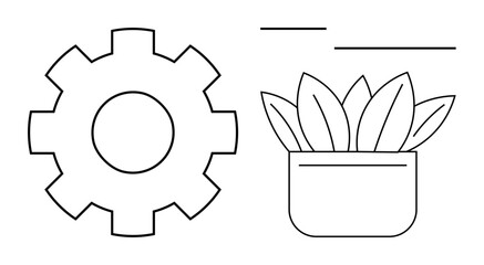Gear and potted plant outline emphasizing balance between innovation and nature. Ideal for environment, technology, growth, productivity, ecology, development, business strategies in simple flat
