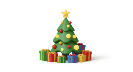 A stylized 3D rendering of a decorated Christmas tree with a star on top, surrounded by colorful gift boxes on a white background.