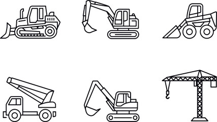 Set of six hand drawn construction vehicles and crane icons for building projects vector