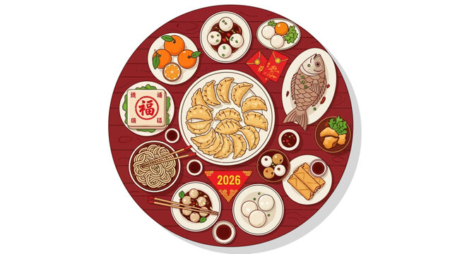 An illustration of a vibrant Chinese New Year reunion dinner spread, featuring traditional dishes like dumplings, fish, oranges, and red envelopes on a festive red table. - Powered by Adobe