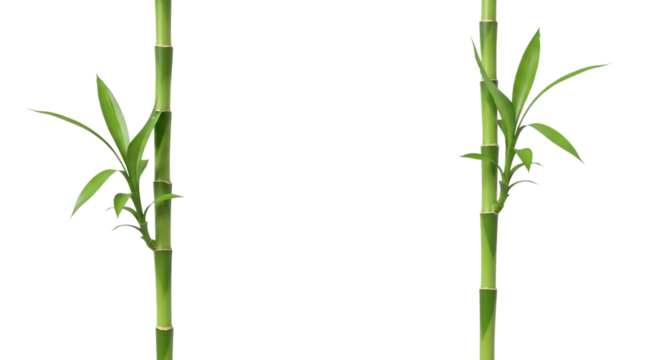 Two vibrant green bamboo stalks with fresh leaves sprouting from segmented stems isolated on a transparent background