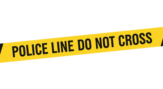 A bright yellow police line do not cross tape stretches across a white background.