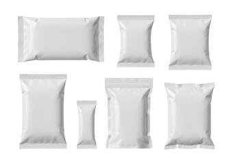 Various blank white packaging mockups for food products, snacks, and other items, ideal for product presentation and design template isolated on transparent background