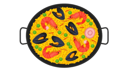 Pan of paella with a mix of rice, shrimp, and mussels, ideal for food blogs, restaurant menus, and culinary social media posts.