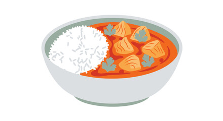 Bowl of orange curry and white rice dish, perfect for food blogs, restaurant menus, recipe books, and social media content.