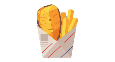 Ideal for advertising menus, food blogs, or seafood publications. Classic british dish with crispy fries and battered fish in a portable container.