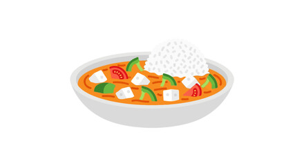 Bowl of orange curry with rice, vegetables on table. Suitable for food blogs, restaurant menus, recipe websites, asian cuisine.