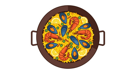 Pan of paella with seafood  lemon slices. Ideal for food blogs, spanish cuisine articles, restaurant menus, culinary designs.