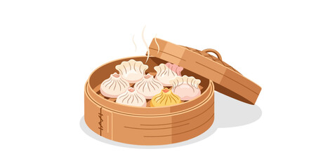 Steaming hot dumplings in a bamboo steamer basket. Perfect for food blogs, restaurant menus, asian cuisine promotions, and recipe books.