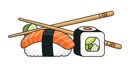 Salmon nigiri, sushi roll, and chopsticks perfect for food menus, japanese cuisine blogs, cooking guides, or restaurant marketing materials.