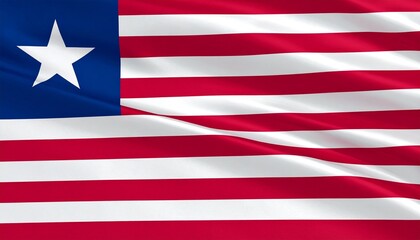 Liberian flag with eleven red-white stripes and blue square bearing a single white star, echoing U.S. design and symbolizing independence.