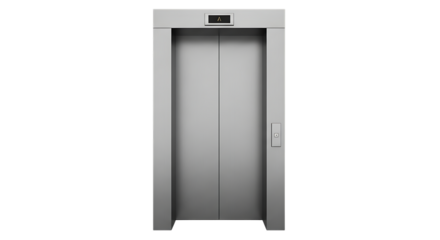 Modern gray elevator doors with illuminated floor indicator and call button isolated on a transparent background