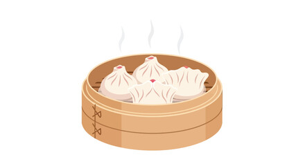 Steamed dumplings with soup in a rustic wooden basket, perfect for food blogs, restaurant menus, and asian cuisine concepts.