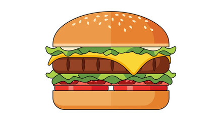 Hamburger with lettuce, tomatoes, and cheese. Suitable for foodrelated designs, menus, and advertising materials targeting children.