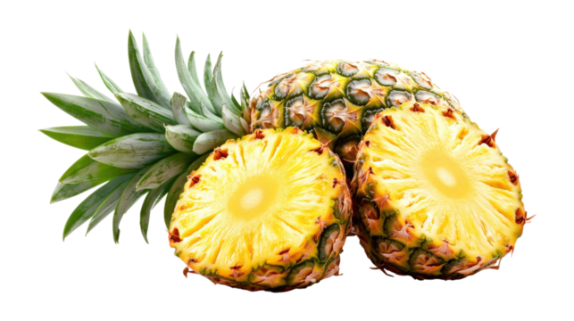 Whole and sliced pineapple fruit isolated on a transparent background