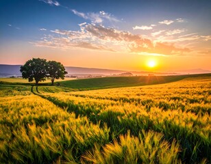 Obraz premium Golden hour illuminates fields, hills, and a pair of trees