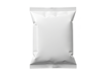 Stock blank white foil plastic packaging bag for chips, snacks, candy, and food mockup template ready for your design isolated on transparent background
