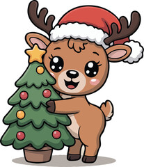Kawaii style baby reindeer dressed in a Santa hat hugging a small Christmas tree, colorful and joyful Christmas artwork with warm holiday vibes